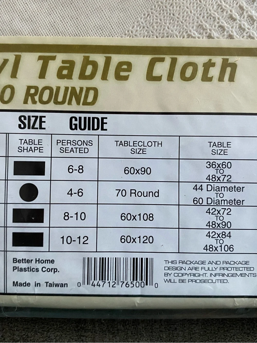 Vintage Better Home White Crochet Vinyl Lace Tablecloth 70